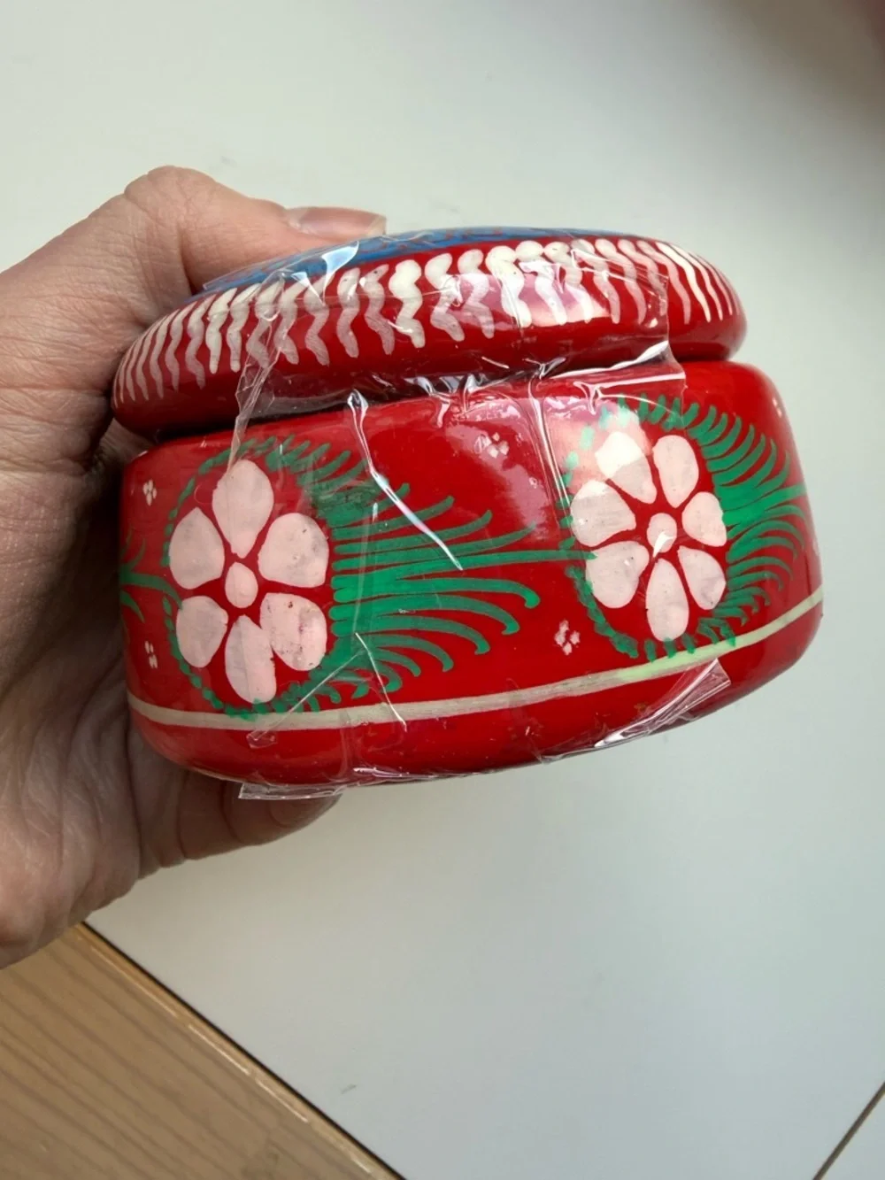 Mexican Folk Art Style Hand Painted Terracotta Bowl Crescent Moon Flowers - Picture 3 of 6